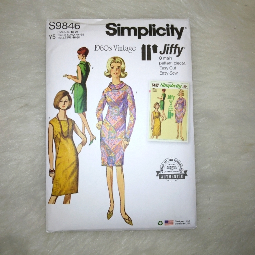 SIMPLICITY S9846 Sz 18-26 Misses 1960s Jiffy Dress, Easy to Sew